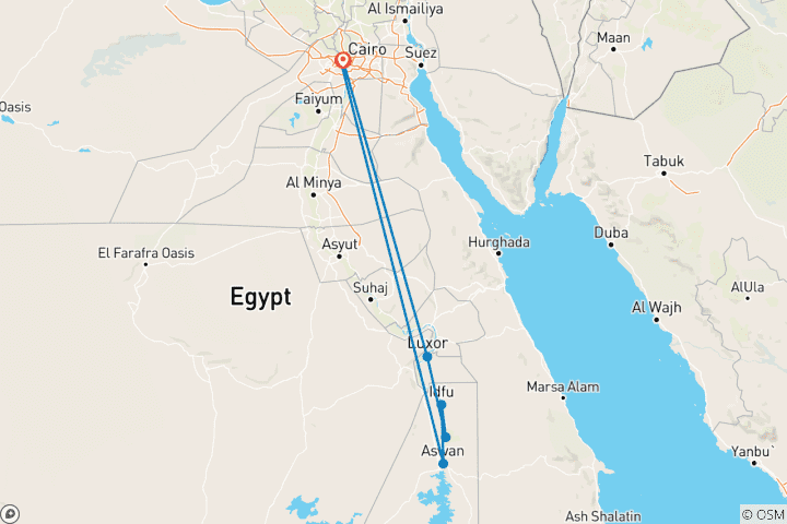 Carte du circuit 8 jours de vacances au Caire et croisière sur le Nil