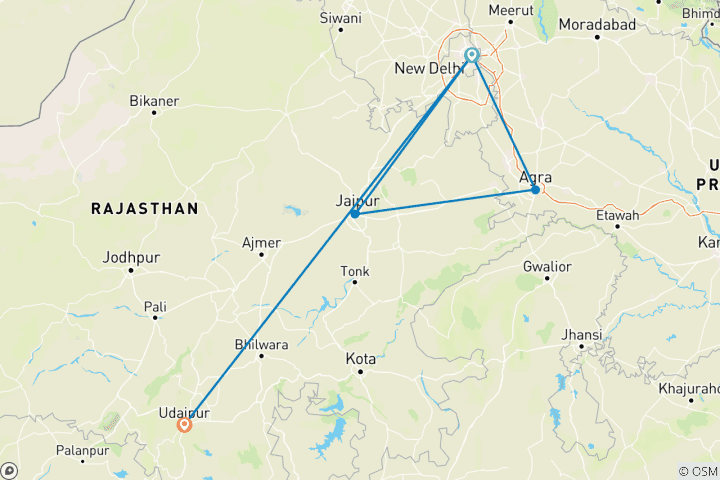 Kaart van Gouden Driehoek met Udaipur, Stad van Meren, Supersaver