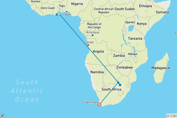 Map of Cultural Tour of Ghana & South Africa, 12 Days