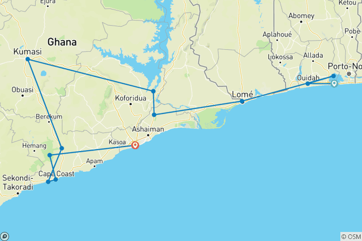 Karte von MAGISCHES BENIN, TOGO & GHANA MIT DEN JÄHRLICHEN OUIDAH VOODOO & AKWASIDAE FESTIVALS, 14 Tage 8. - 21. JANUAR