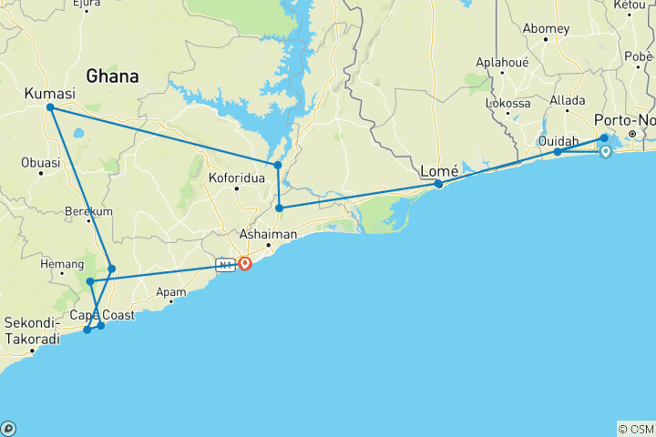 Karte von MAGISCHES BENIN, TOGO & GHANA MIT DEN JÄHRLICHEN OUIDAH VOODOO & AKWASIDAE FESTIVALS, 14 TAGE ( 8. - 21. JANUAR