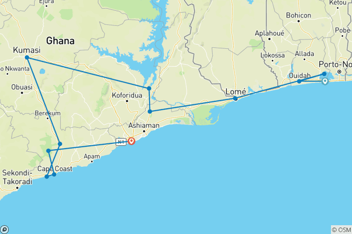 Carte du circuit LE BENIN MAGIQUE, LE TOGO ET LE GHANA, Y COMPRIS LES FESTIVALS VAUDOU ET AKWASIDAE DE OUIDAH, 14 JOURS (DU 8 AU 21 JANVIER 2026)