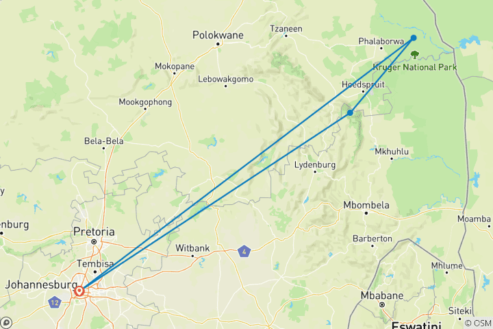 Carte du circuit Safari de luxe dans le parc Kruger et route panoramique en Afrique du Sud