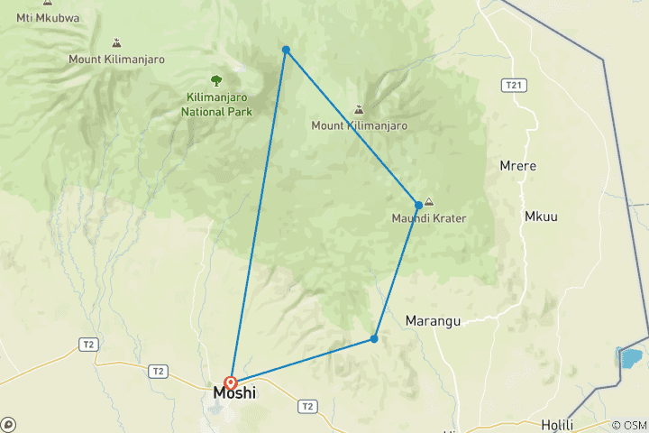 Carte du circuit Kilimandjaro courte Trek de 2 jours : Circuit de 4 jours