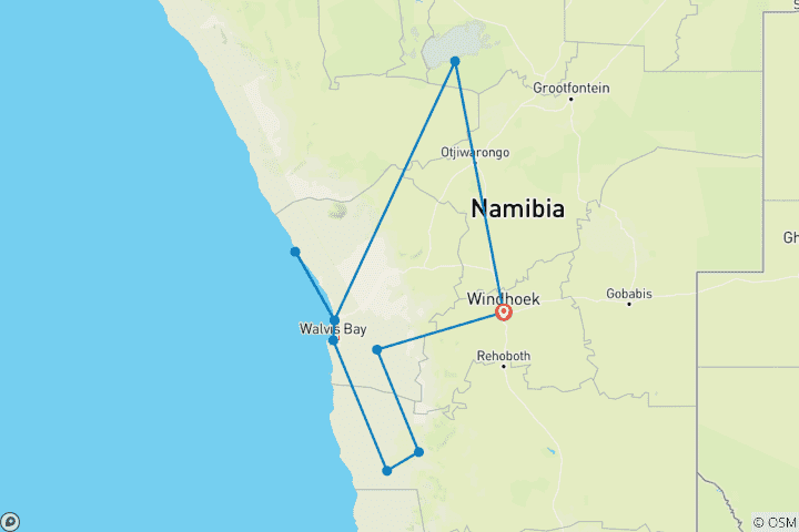 Map of 7 Days Sossusvlei , Coast & Etosha Accommodated Tour