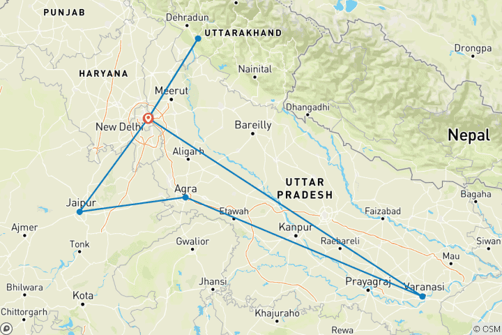 Map of Golden Triangle Tour With Holy City Rishikesh & Varanasi