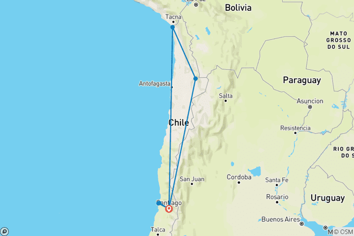 Carte du circuit Chili : Santiago - Viña del mar - Valparaíso- San Pedro de Atacama - Arica - 11 jours
