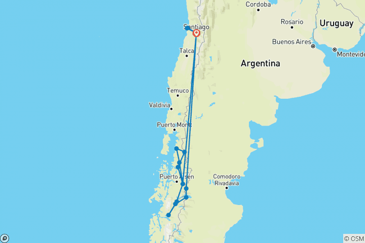 Map of Chileans southern road - 16 days