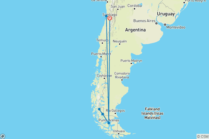 Mapa de Patagonia Chilena: Santiago, Punta Arenas, Puerto Natales, Parque Nacional Torres del Paine y Viña del mar - 8 días