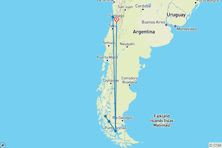 Map of Chilean Patagonia: Santiago, Punta Arenas, Puerto Natales, Torres del Paine National Park & Viña del Mar - 8 days