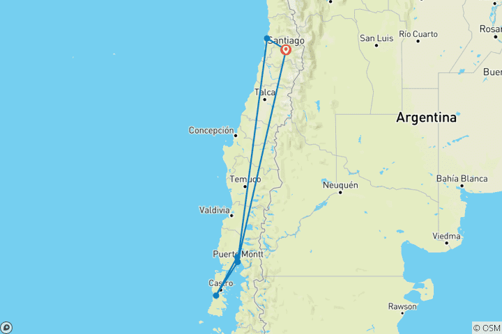 Kaart van Chili: Santiago, Viña del Mar, Puerto Montt, Puerto Varas & Chiloe eiland - 10 dagen