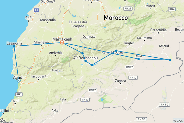 Mapa de Circuito privado de 7 días de Agadir a Marrakech