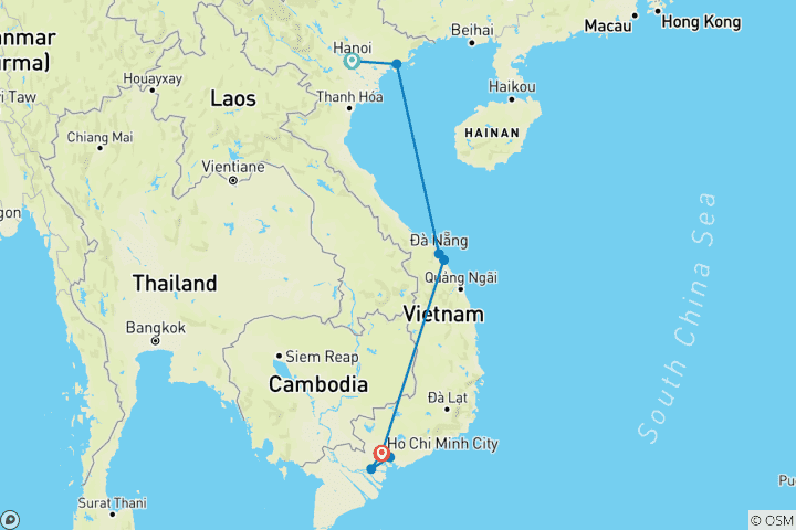 Kaart van Vietnam 11 dagen 10 nachten van Noord naar Zuid of vice versa