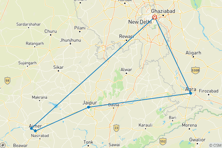 Map of Popular 7 Days  Golden Triangle Tour With  Ajmer and Pushkar (All INCLUSIVE)