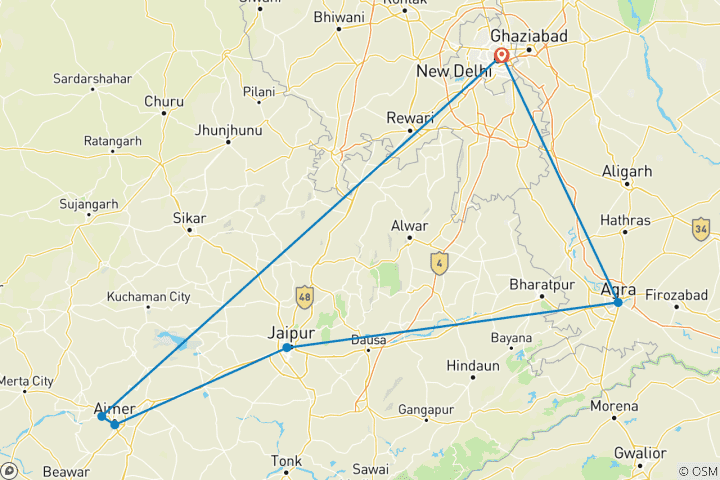 Mapa de Popular circuito de 7 días por el triángulo de oro con Ajmer y Pushkar - todo incluido