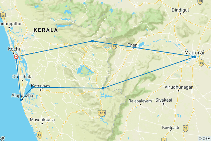Map of 10 Days Romantic Beaches and Backwaters Tour of Kerela(ALL INCLUSIVE)