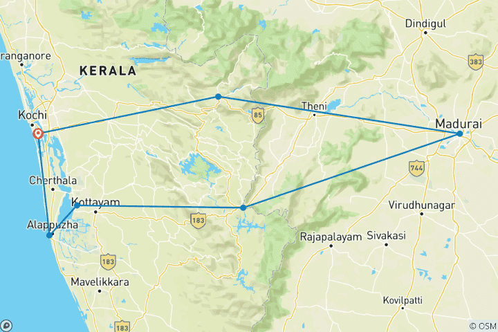 Map of 10 Days Romantic Beaches and Backwaters Tour of Kerela(ALL INCLUSIVE)