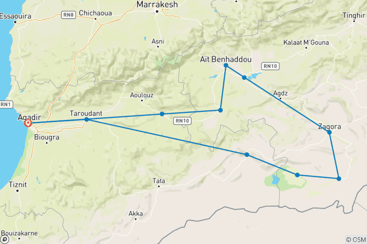 Mapa de Excursión de 3 días por el desierto de Agadir a Chigaga