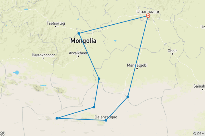 Map of Gobi Desert & Orkhon Valley Tour