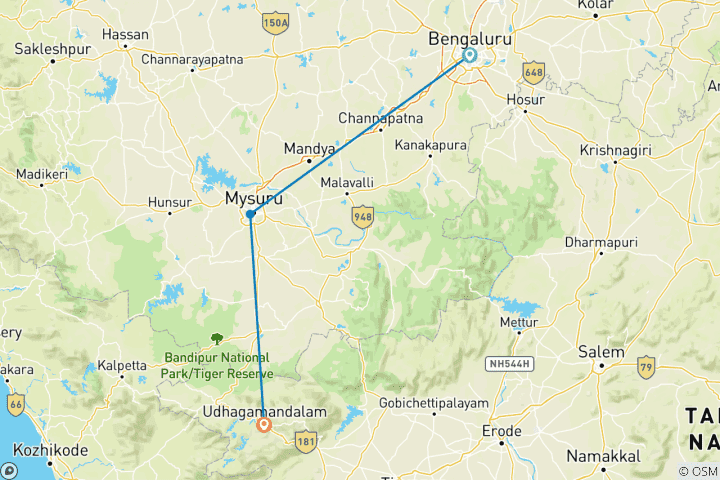 Karte von Mysore und Ooty Rundreise