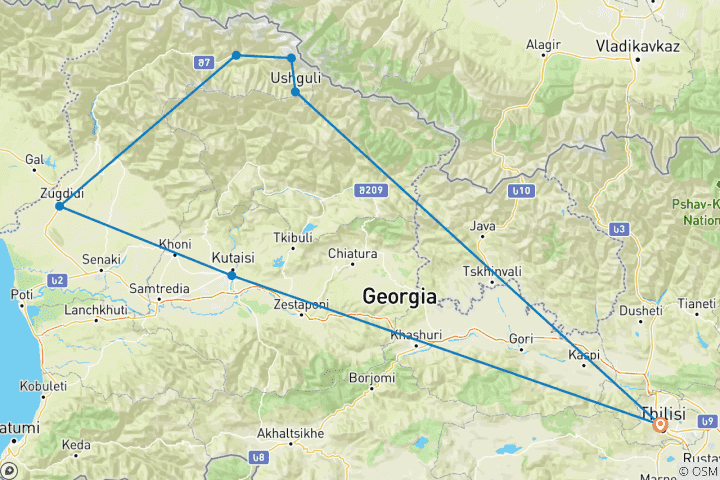 Carte du circuit 8 jours de trekking en groupe dans le Svaneti