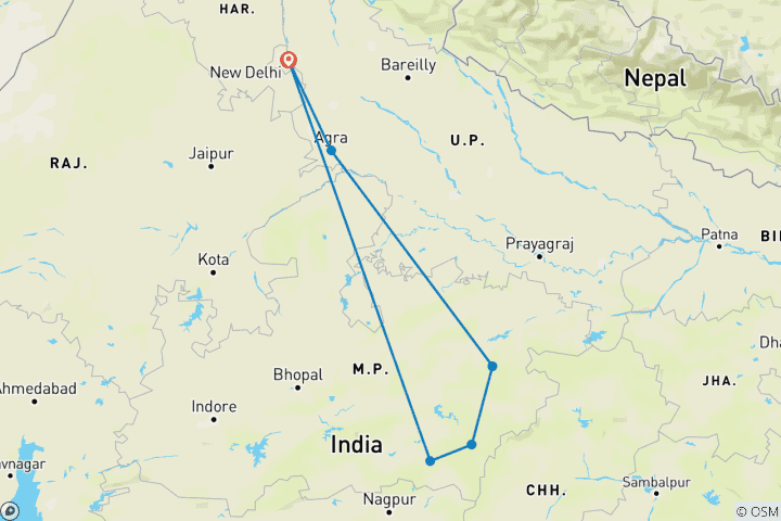 Carte du circuit 11 jours de safaris animaliers en Inde avec visite romantique du Taj Mahal - TOUT COMPRIS