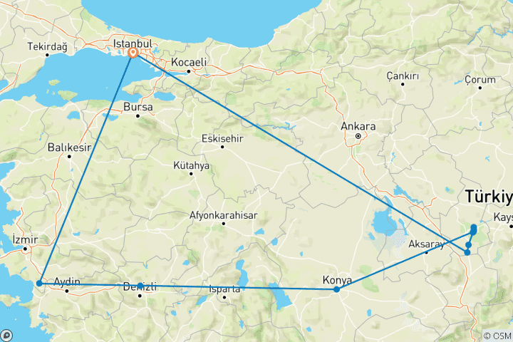 Carte du circuit 8 jours - Circuit à Éphèse, Pamukkale, Konya, Cappadoce et Istanbul