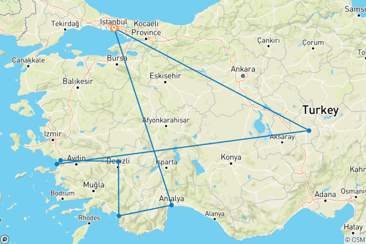 Map of 8 Days - Cappadocia, Ephesus, Pamukkale, Fethiye and Antalya Package