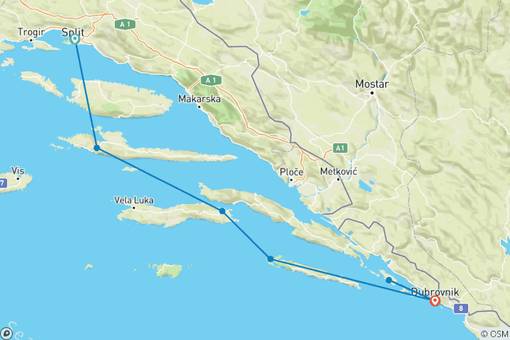 Carte du circuit Découverte des îles à pied de Split à Dubvrovnik