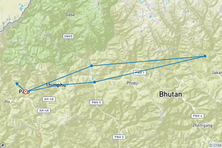 Kaart van Bhutan, 10-daagse rondreis (op aanvraag)