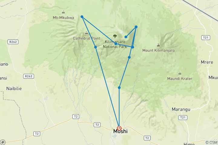 Kaart van Kilimanjaro-beklimming – via de Machame-route – 8 dagen