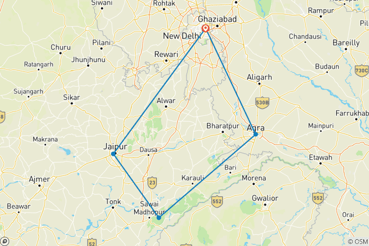 Karte von Goldenes Dreieck mit Ranthambore Dschungel Safari - 5 Tage