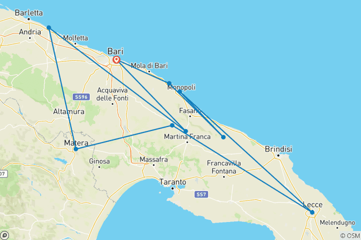 Carte du circuit Circuit dans les Pouilles - la combinaison parfaite de style de vie, de culture, d'histoire et de cuisine