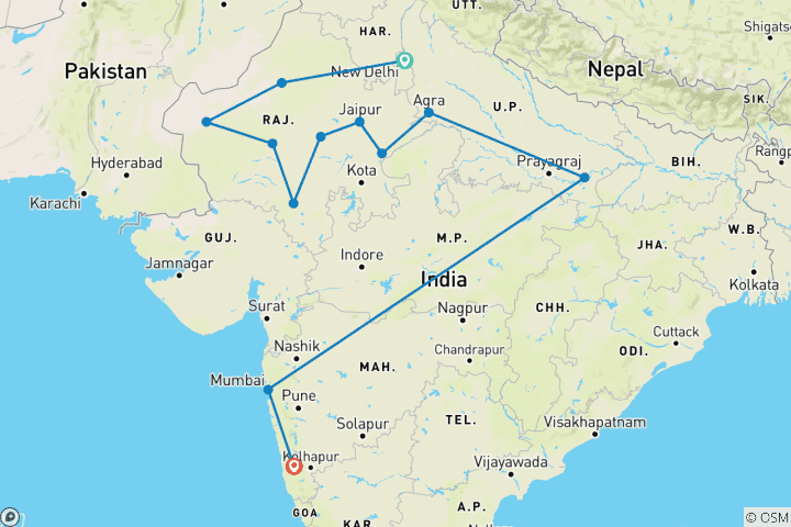 Map of Essence of North India tour with relax on the beach in Goa, flights included