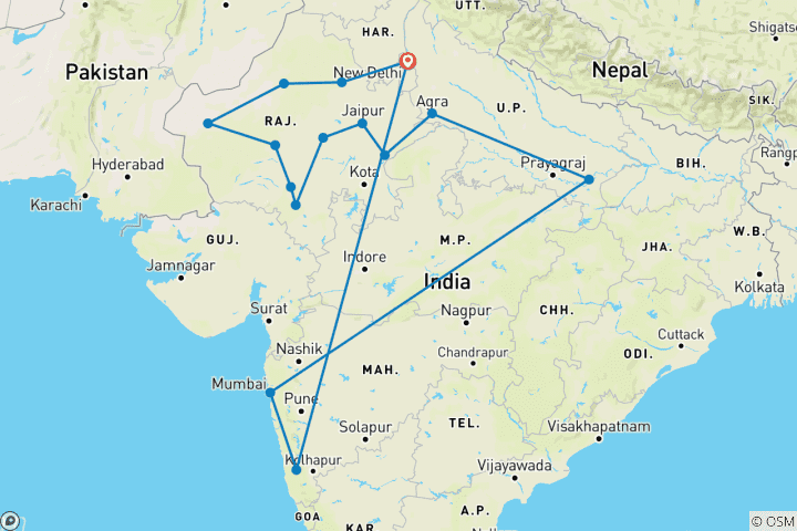 Carte du circuit Circuit Essence de l'Inde du Nord avec détente sur la plage de Goa, vols inclus