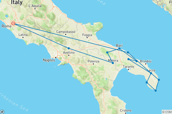 Carte du circuit 5 jours dans les Pouilles au départ de Rome