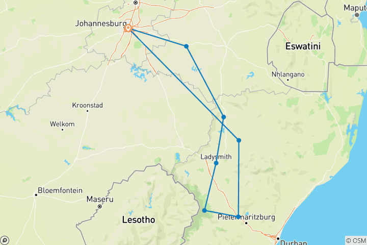 Map of Drakensberg, Battlefields Route & Midlands Meander Safari South Africa