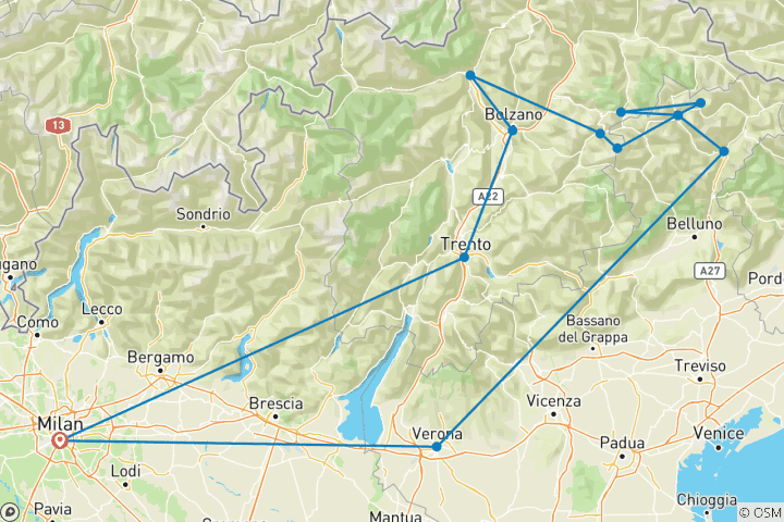 Karte von Dolomiten ab Mailand 4 Tage