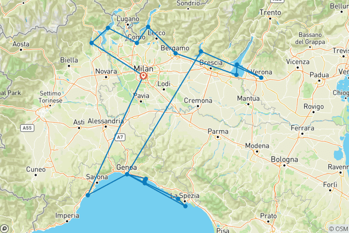 Kaart van 7 Daagse Noordelijke Meren en Italiaanse Rivièra Tour - vanuit Milaan