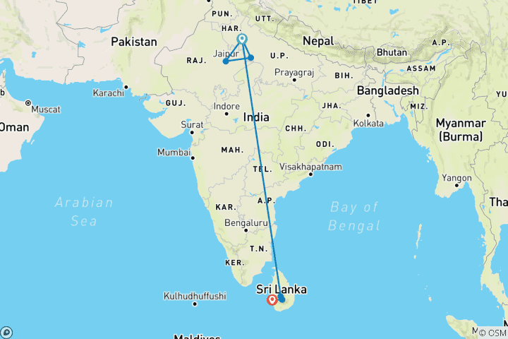 Carte du circuit Triangle d'or indien avec le Sri Lanka