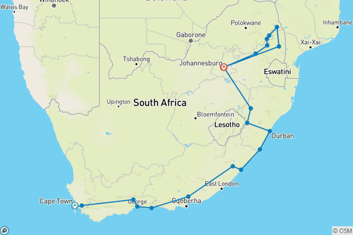 Carte du circuit Vacances LGBTQ dans des lieux exquis et pittoresques en Afrique du Sud - "Spécial groupe".