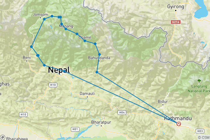 Map of Annapurna Circuit Trek (Thorong La Pass 5416m) Via Ghorepani PoonHill -18 Days