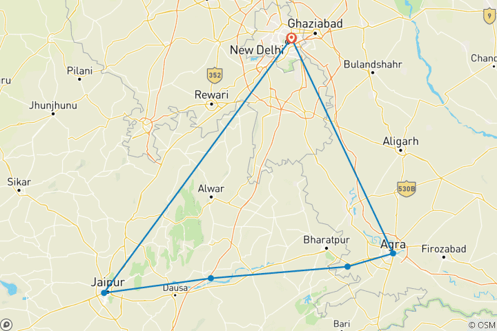Carte du circuit Triangle d'or classique - Delhi, Jaipur et Agra (5 jours / 4 nuits)