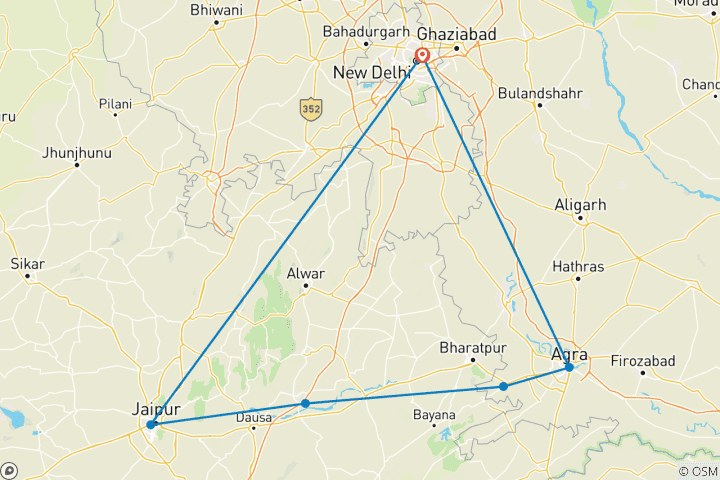 Mapa de Triángulo de Oro Clásico: ¡¡Delhi | Jaipur | Agra!!