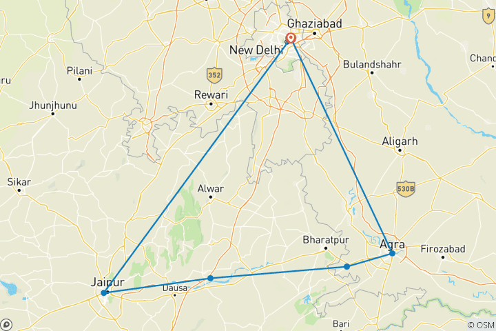 Carte du circuit Triangle d'or classique - Delhi, Jaipur et Agra (5 jours / 4 nuits)
