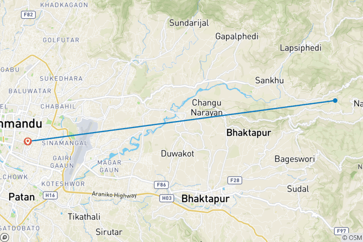 Mapa de Katmandú Nagarkot circuito fin de semana - 4 días