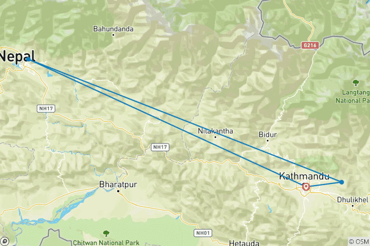 Mapa de Vacaciones en Katmandú y Pokhara 6 días