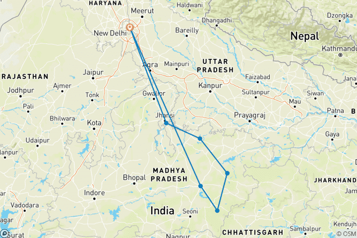 Carte du circuit Tigre et contes : Delhi | Kanha | Bandhavgarh | Khajuraho | Orchha
