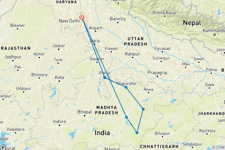 Map of Tiger & Tales : Delhi | Kanha | Bandhavgarh | Khajuraho | Orchha