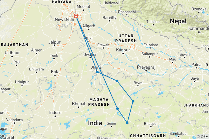 Carte du circuit Tigre et contes : Delhi | Kanha | Bandhavgarh | Khajuraho | Orchha
